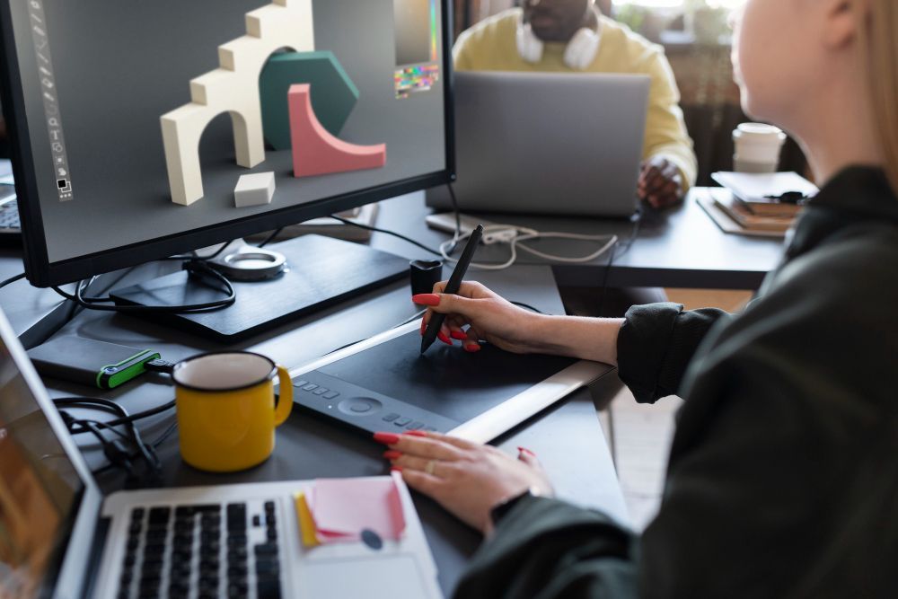 A woman is sitting at a desk using a graphic tablet.