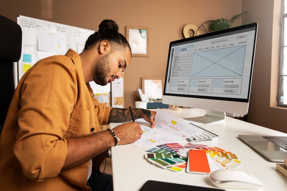 A man is sitting at a desk in front of a computer.
