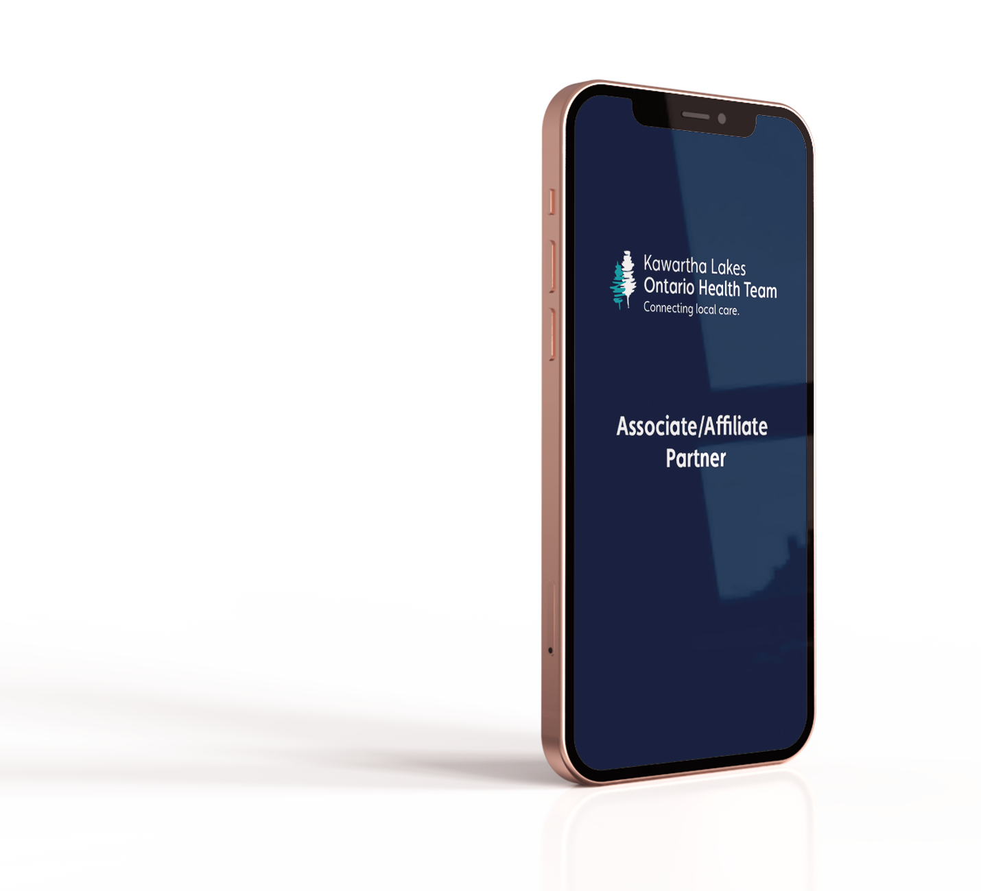A smartphone angled against a white background, displaying the Ontario Health Team Associate/Affiliate Partner logo.