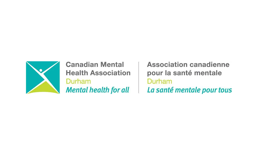 Logo of Canadian Mental Health Association Durham: teal/yellow geometric shape with a person inside; English/French text.