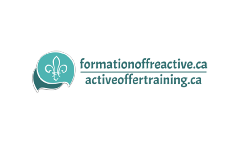 Logo: Turquoise speech bubble with fleur-de-lis and text: formationoffreactive.ca & activeoffertraining.ca.