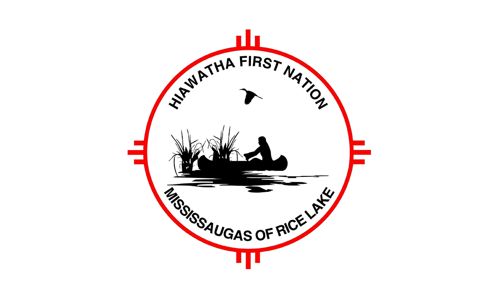 Flag of Hiawatha First Nation: Canoe on Rice Lake, within a red circle, text 