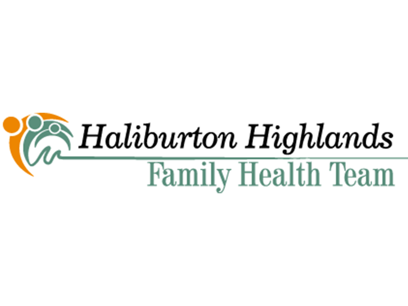 Logo for the Haliburton Highlands Family Health Team featuring a stylized abstract icon of people and text.