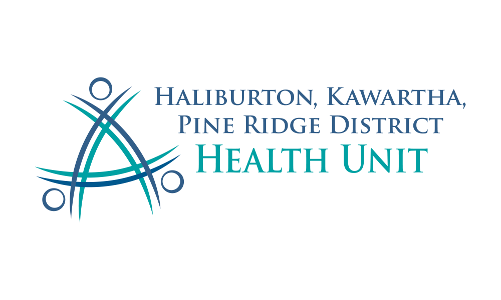 Logo of Haliburton, Kawartha, Pine Ridge District Health Unit. Blue and teal abstract shapes with text.