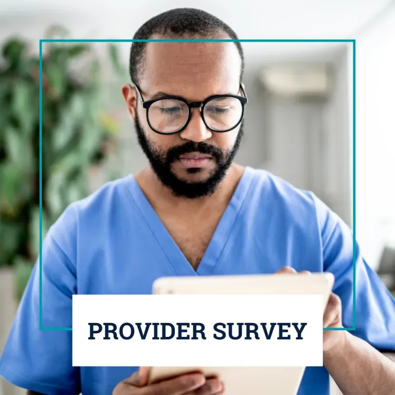 A person wearing blue medical scrubs and glasses looks down at a tablet. Text overlay reads: PROVIDER SURVEY.
