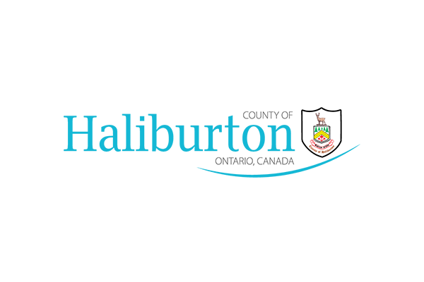 Logo for the County of Haliburton, Ontario, Canada, featuring blue text and a crest with a stag.