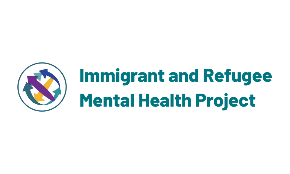 Logo for Immigrant and Refugee Mental Health Project: Circular design with arrows, text in teal.