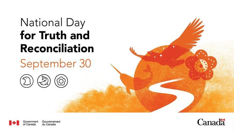 National Day for Truth and Reconciliation graphic featuring an eagle, narwhal, and orange flower over an orange sun.