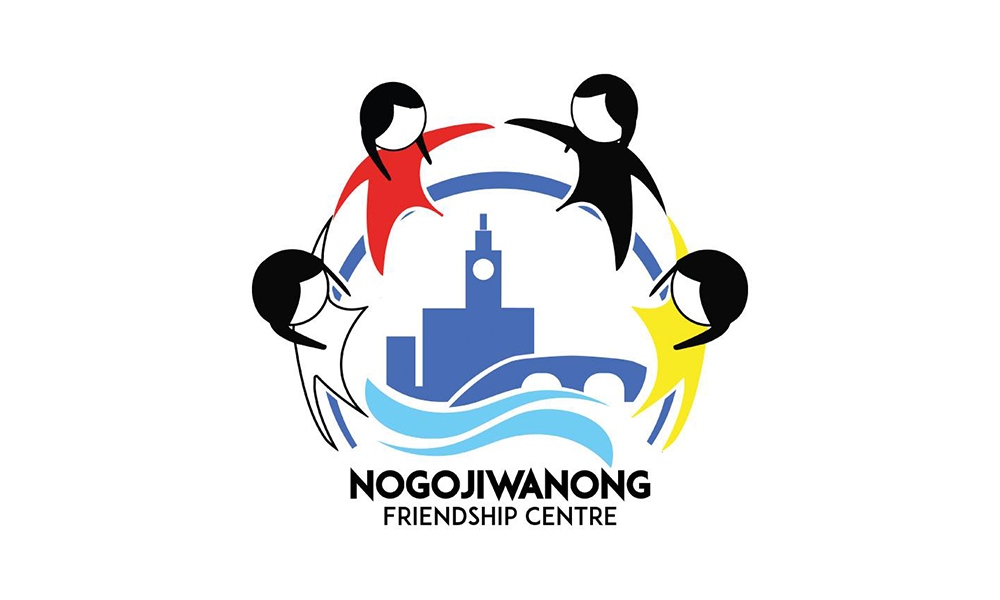 Logo for Nogojiwanong Friendship Centre: figures holding hands around a blue building, with text below.