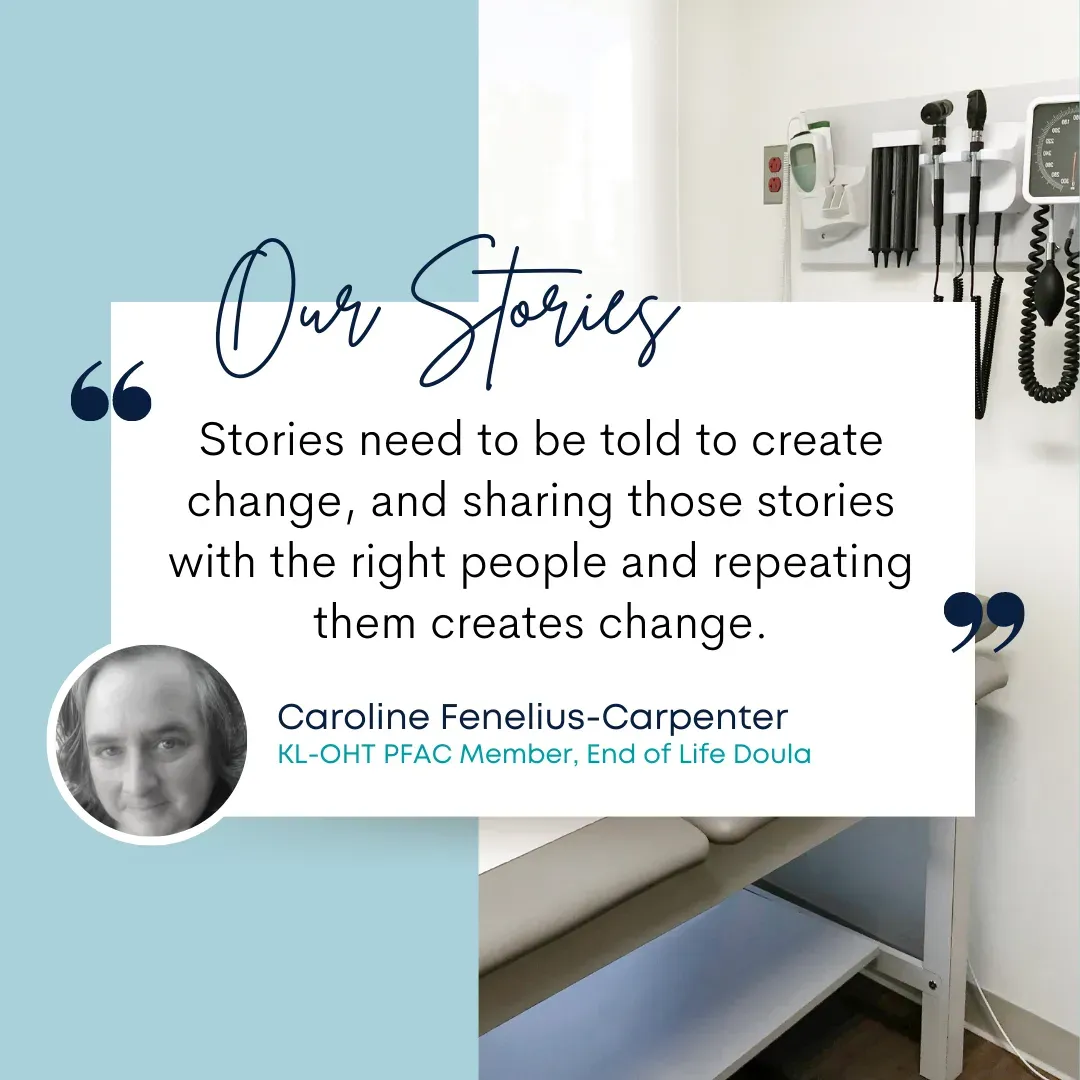 Quote by Caroline Fenelius-Carpenter about the power of storytelling to create change, with a photo of the speaker.