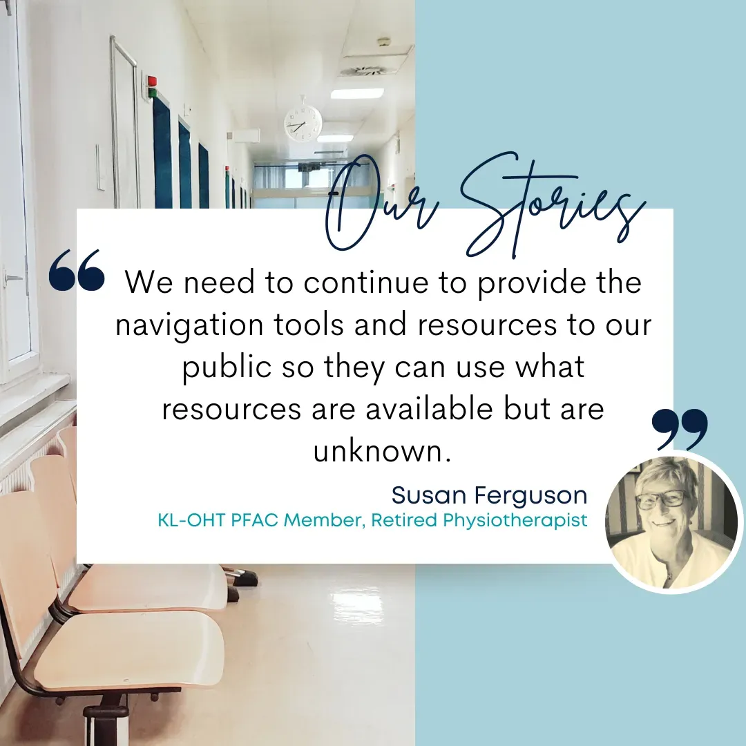 A quote by Susan Ferguson about providing resources, set against a blurred hospital hallway background.