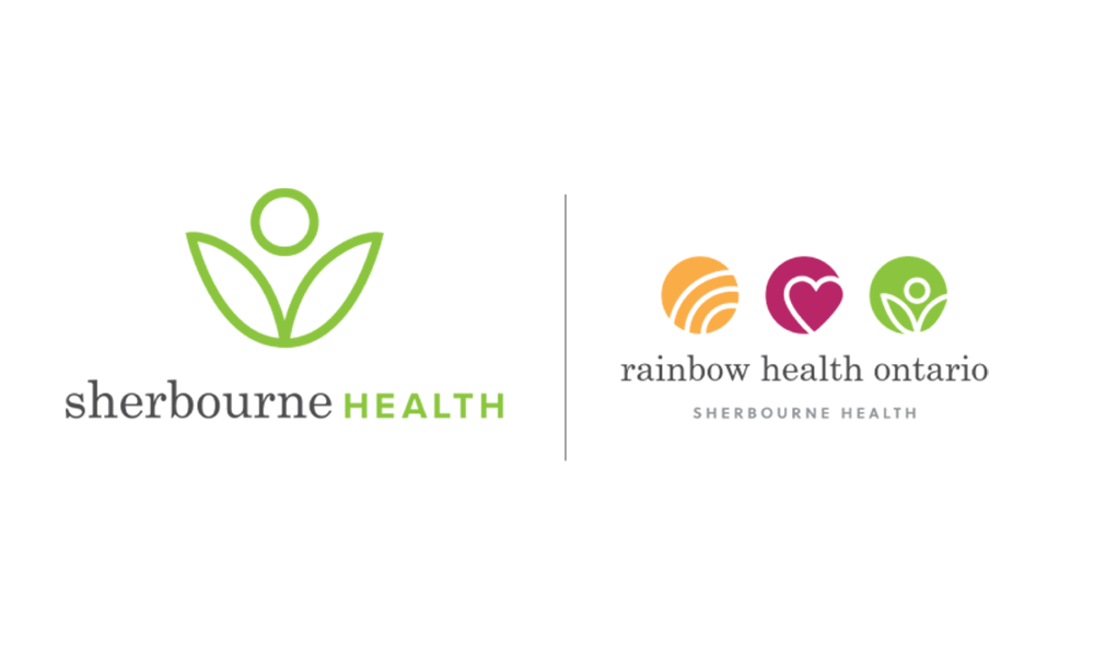 Two logos: Sherbourne Health (green figure) next to Rainbow Health Ontario (colored circles).