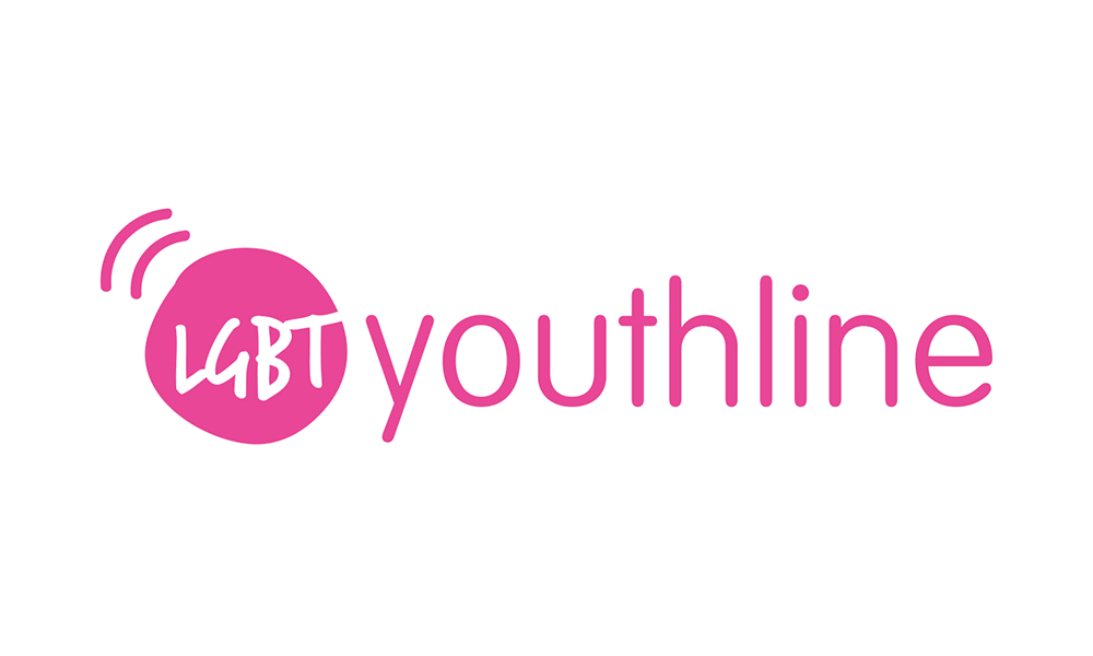 Pink LGBT youthline logo with a call icon.