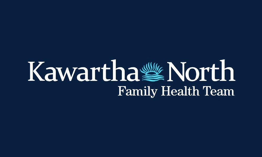 Kawartha North Family Health Team logo on a dark blue background. Text in white, with a blue swirl design.