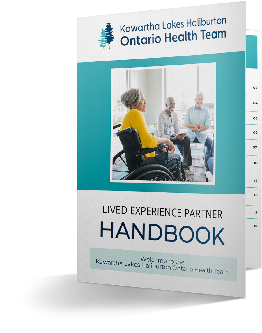 Handbook cover for Kawartha Lakes Haliburton Ontario Health Team, featuring a photo of people in a bright meeting space.