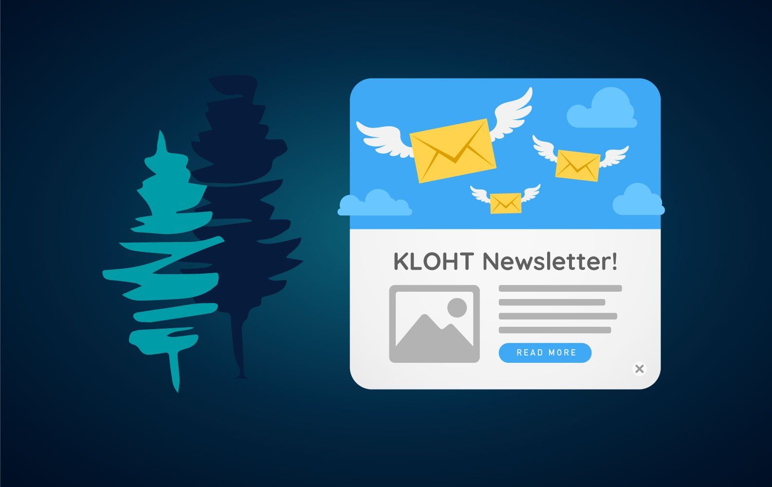 Newsletter graphic: Flying email envelopes, blue background, abstract teal tree.
