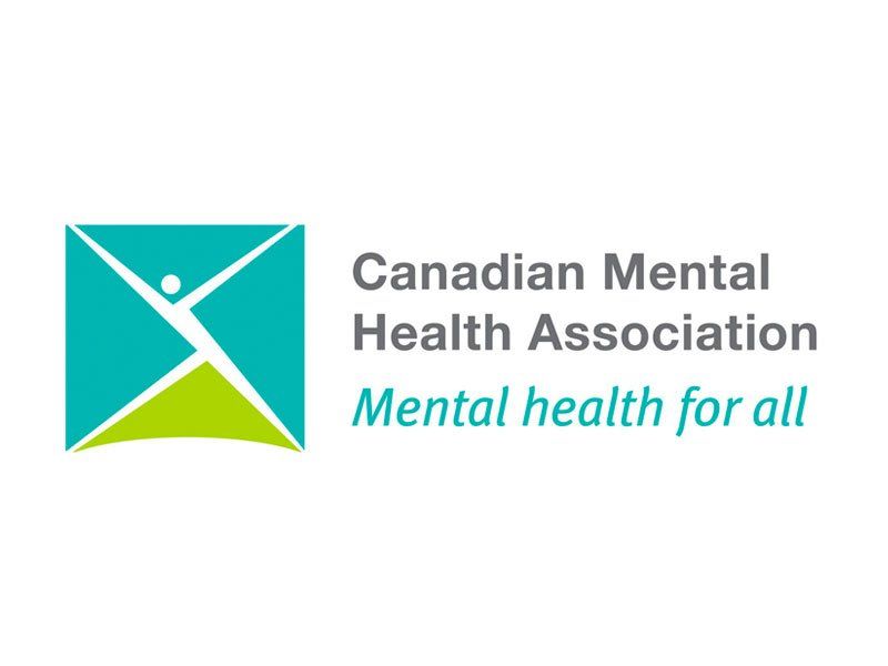 Logo of the Canadian Mental Health Association. Turquoise and green abstract figure in a square. Text: