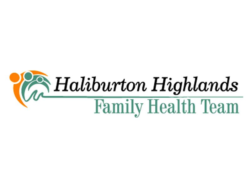Logo for the Haliburton Highlands Family Health Team, featuring an abstract human icon and text on a white background.