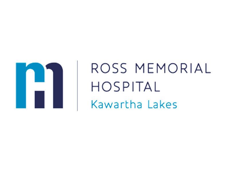Logo for Ross Memorial Hospital, Kawartha Lakes, featuring blue and dark navy abstract lettering and text.
