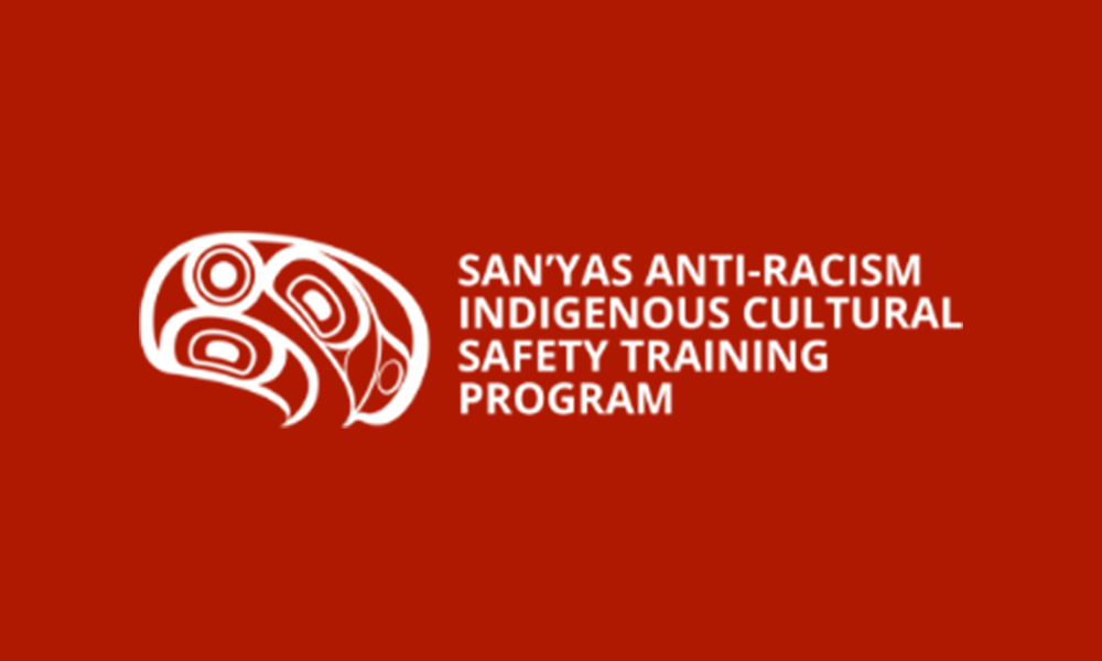 Logo on red background: white Indigenous art and text for anti-racism and cultural safety training.