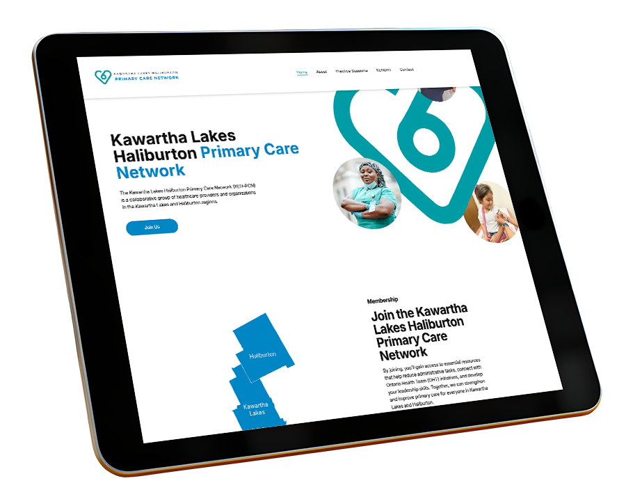 A tablet displaying the Kawartha Lakes Haliburton Primary Care Network website featuring a teal logo and regional map.
