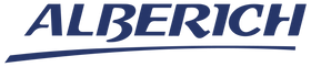 logotipo azul y blanco que dice alberich