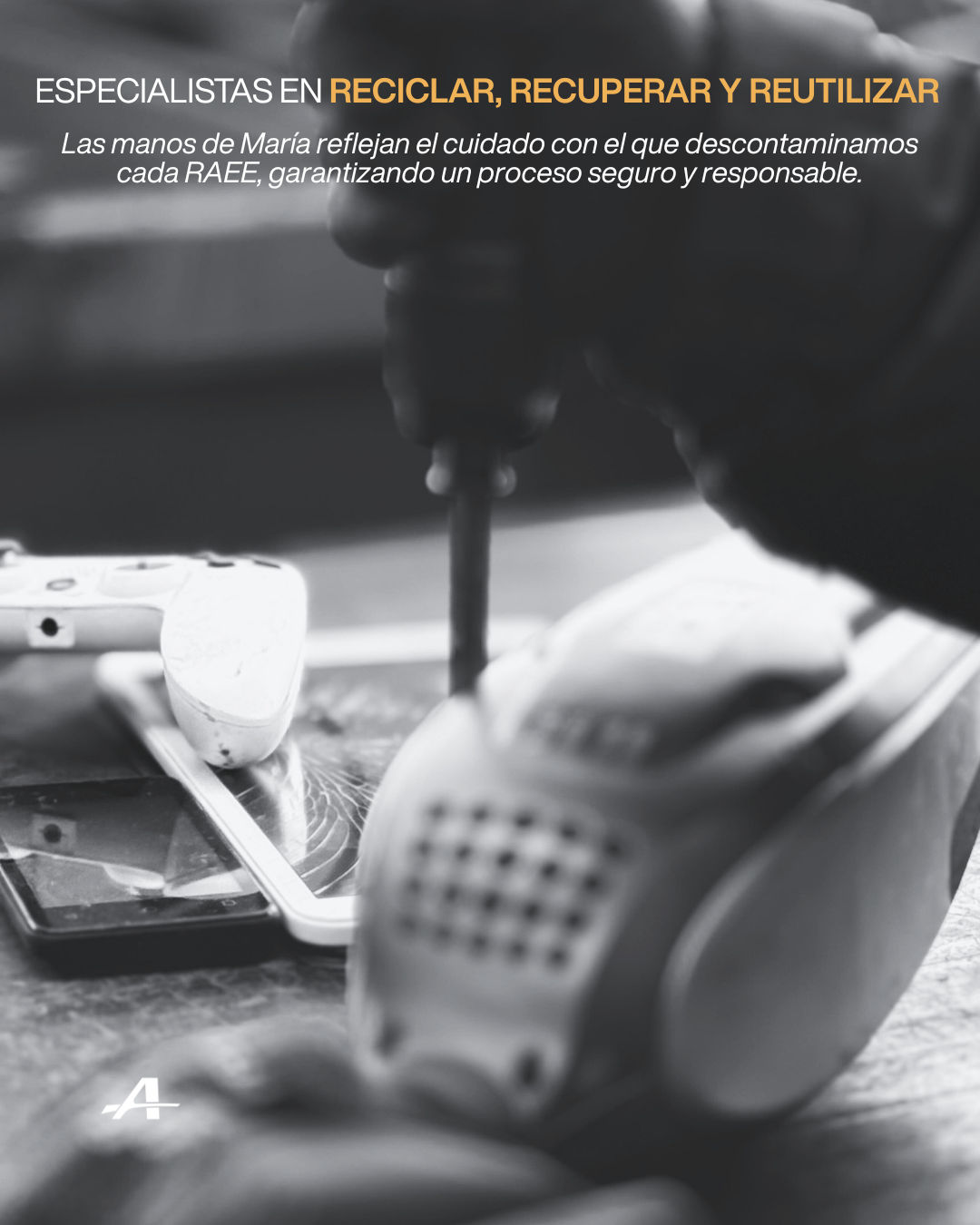 Hands repairing an electronic device. Text reads: 