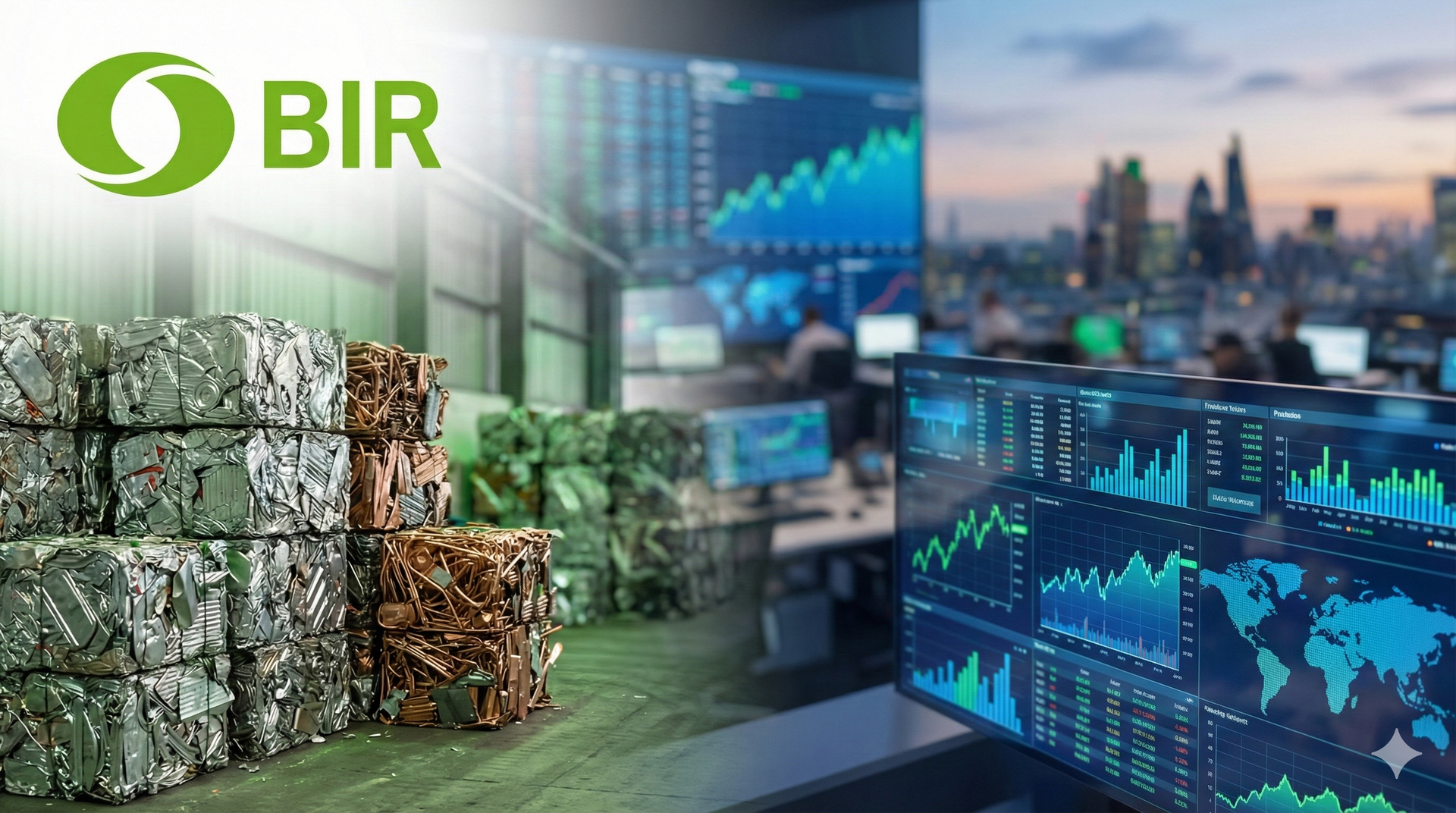 Logotipo de BIR junto a metal apilado y un piso de operaciones con gráficos financieros y el horizonte de la ciudad.