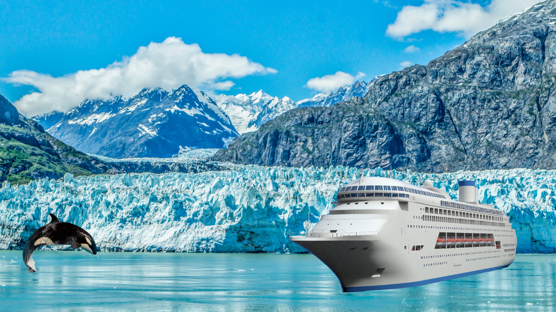 Cruise ship near a blue glacier with mountains and a whale breaching in the foreground