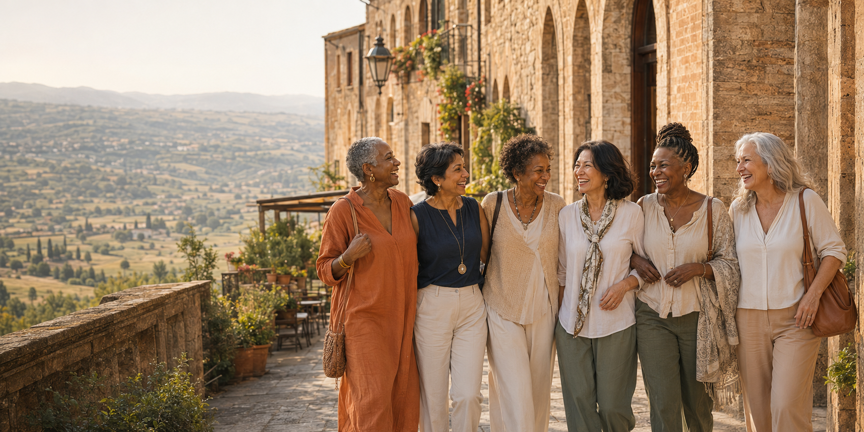 joyful group of mature women traveling
