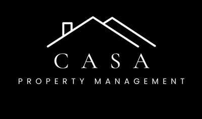 The logo for casa property management shows a house with a chimney on the roof.