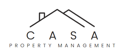 The logo for casa property management shows a house with a chimney on the roof.