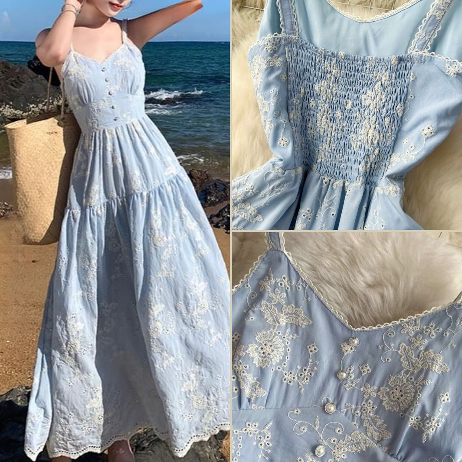 Mujer con un vestido largo azul claro con bordados blancos en la playa.