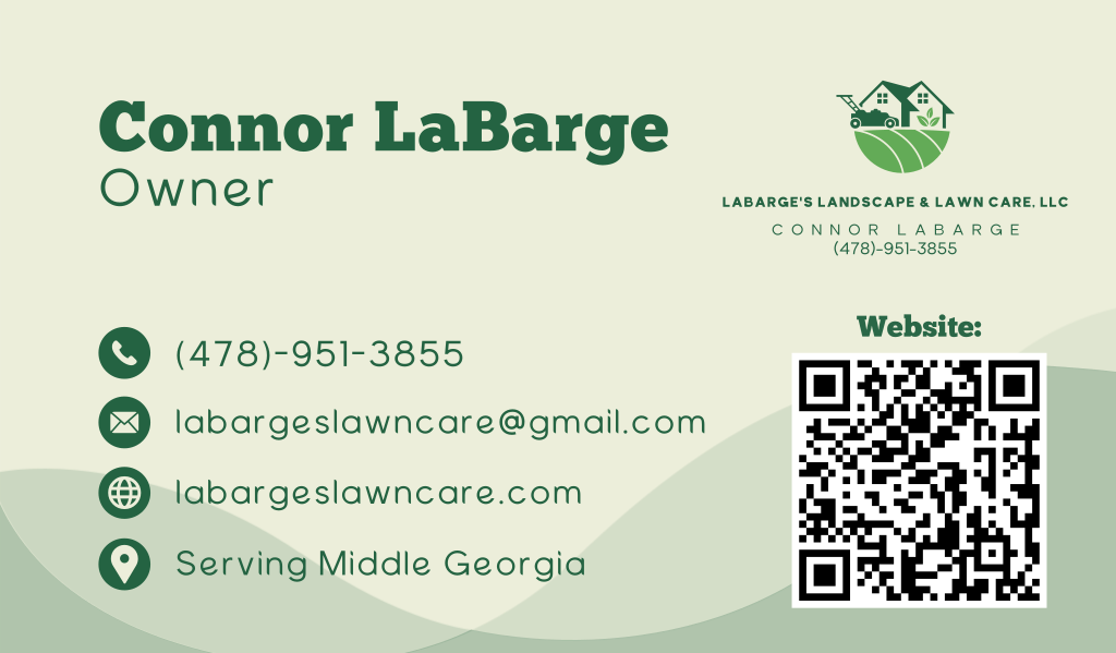 Business card for Connor LaBarge, owner of LaBarge Lawn Care, with contact info, logo, and QR code.