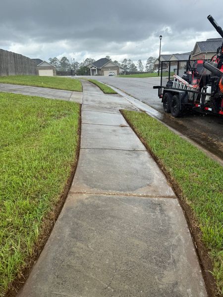 Sidewalk bordered by grass, leading towards houses under a cloudy sky. A utility trailer is parked to the right.