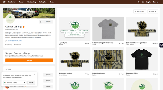 Screenshot of a vendor page with a logo, products (t-shirts), and profile details on a website.