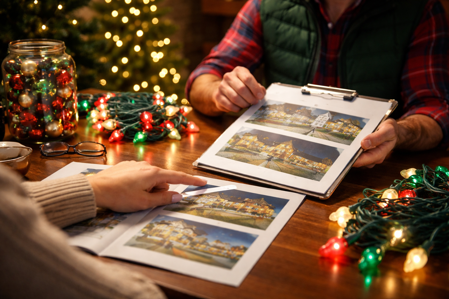 Exterior of a building decorated for Christmas with lights and red bows on lampposts.