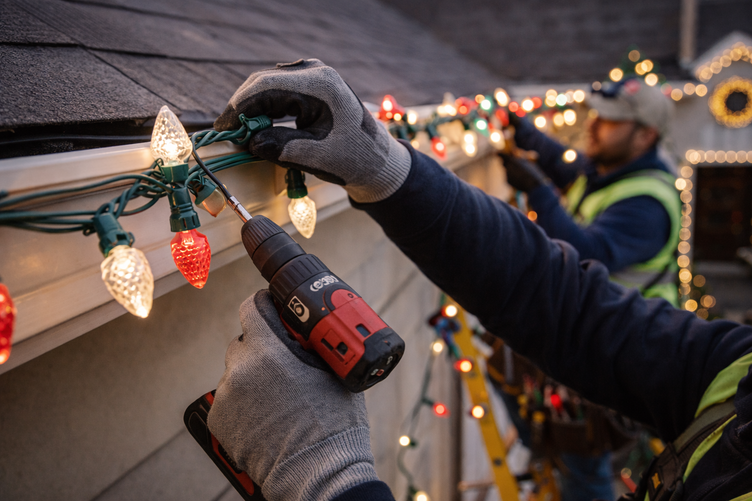 Christmas-decorated porch with small trees, glowing lights, wreath, and lanterns framing a weathered wooden door.