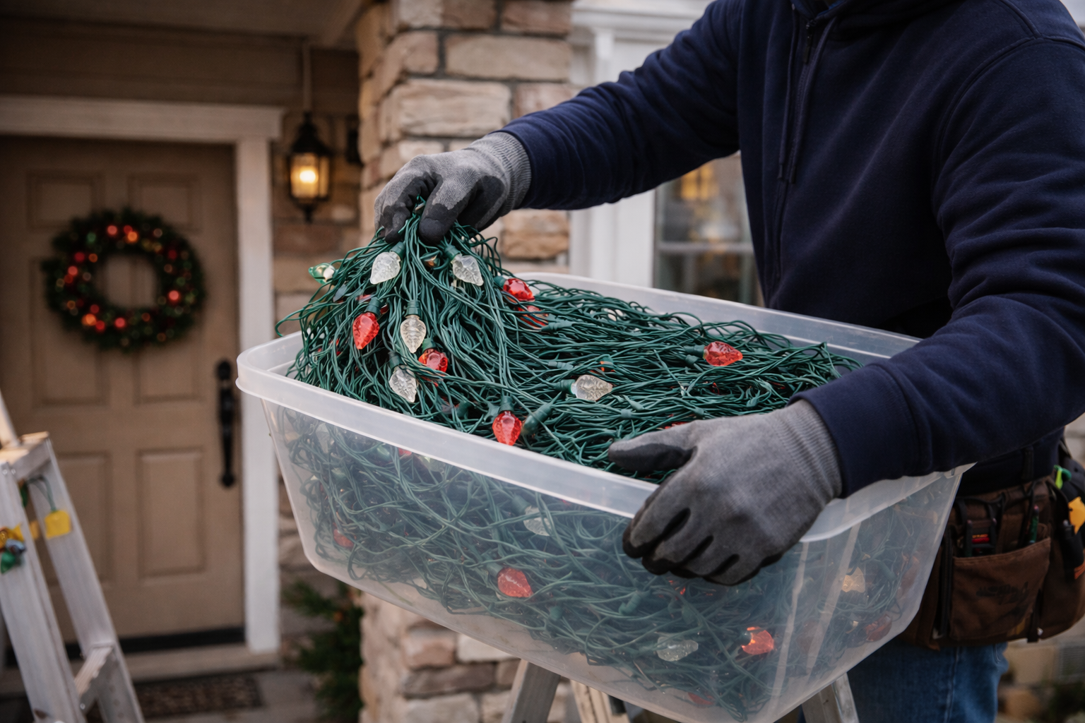 White house with bright Christmas lights, decorated with reindeer, snowman, and wreath.