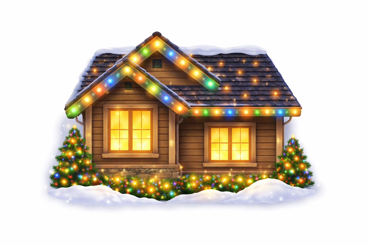 Exterior of a building decorated for Christmas with lights and red bows on lampposts.