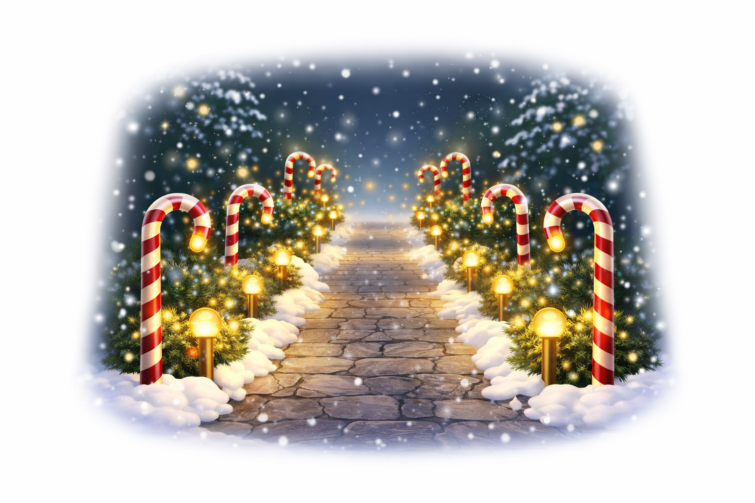 Snowy path lined with candy cane lights and glowing lanterns, leading into a winter forest.