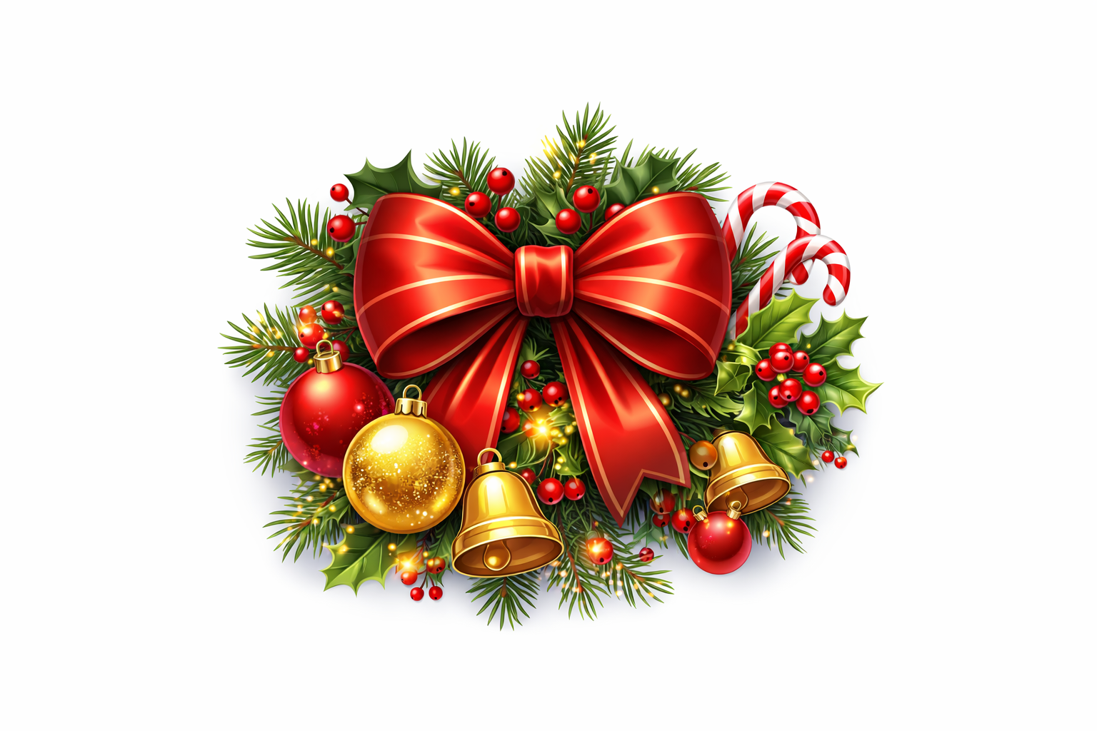 Christmas wreath with a red bow, ornaments, bells, and greenery.