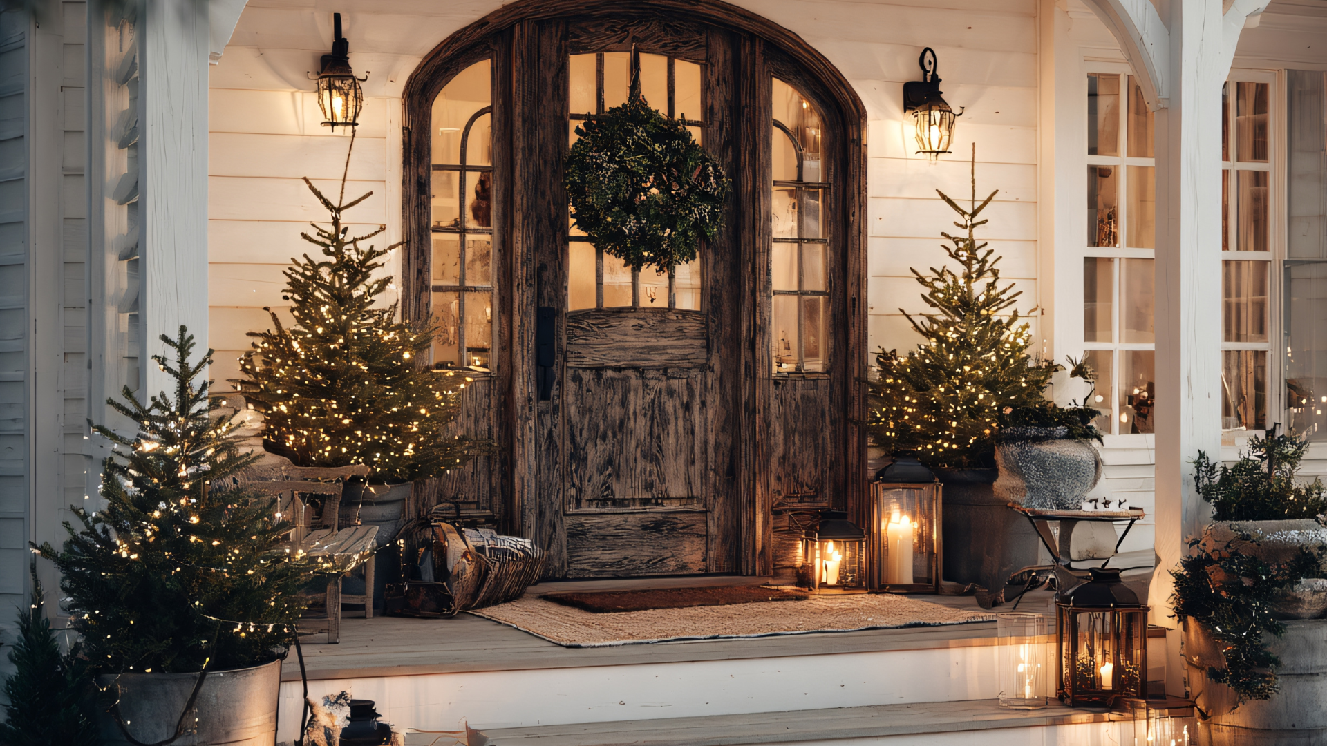 Christmas-decorated porch with small trees, glowing lights, wreath, and lanterns framing a weathered wooden door.
