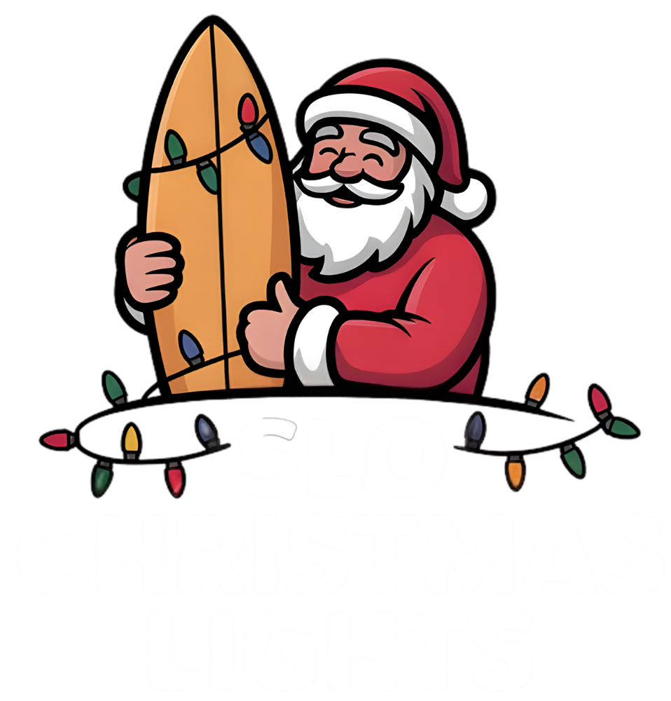 Santa Claus with surfboard, thumbs up, wrapped in Christmas lights.