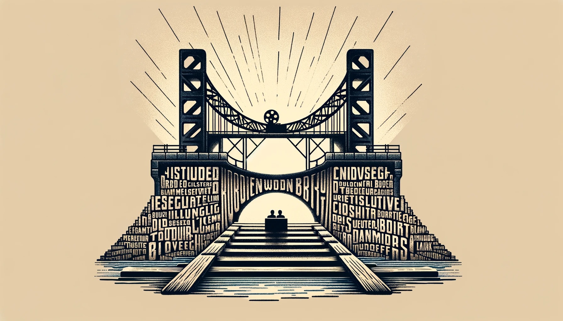 Zeer brutalistische stijl, van een metalen woordenbrug, herinnerend aan vakbondsafbeelding