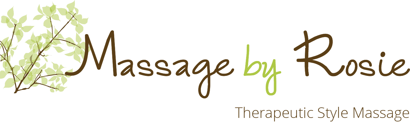 A logo for a massage by rosie therapeutic style massage