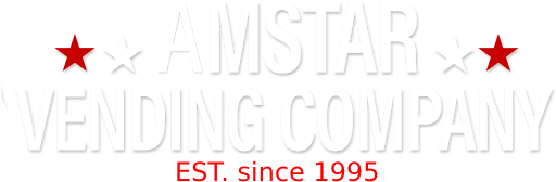 The logo for amstar vending company is white with red stars.