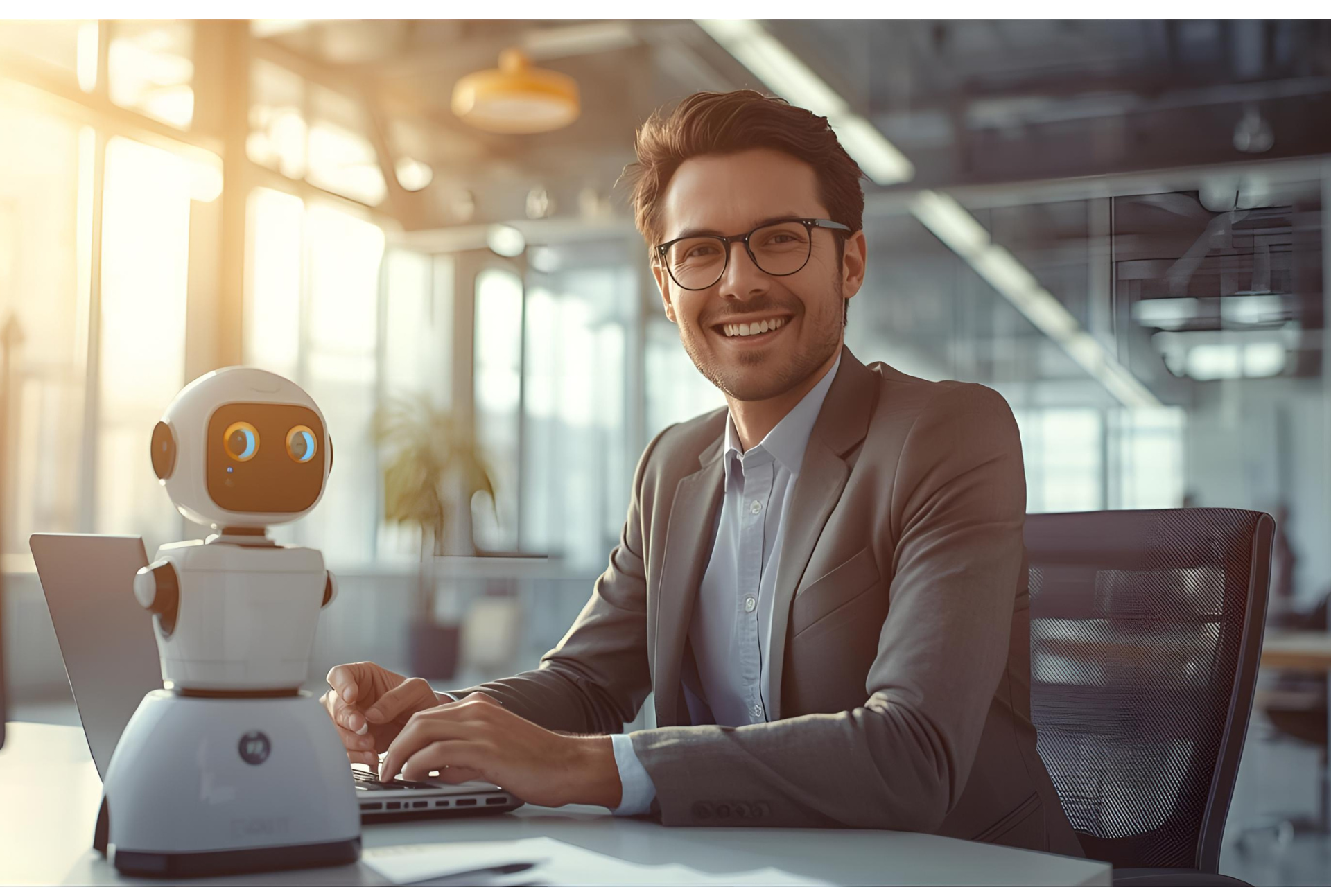 A man in a suit is standing in front of a screen with gears and icons on it.