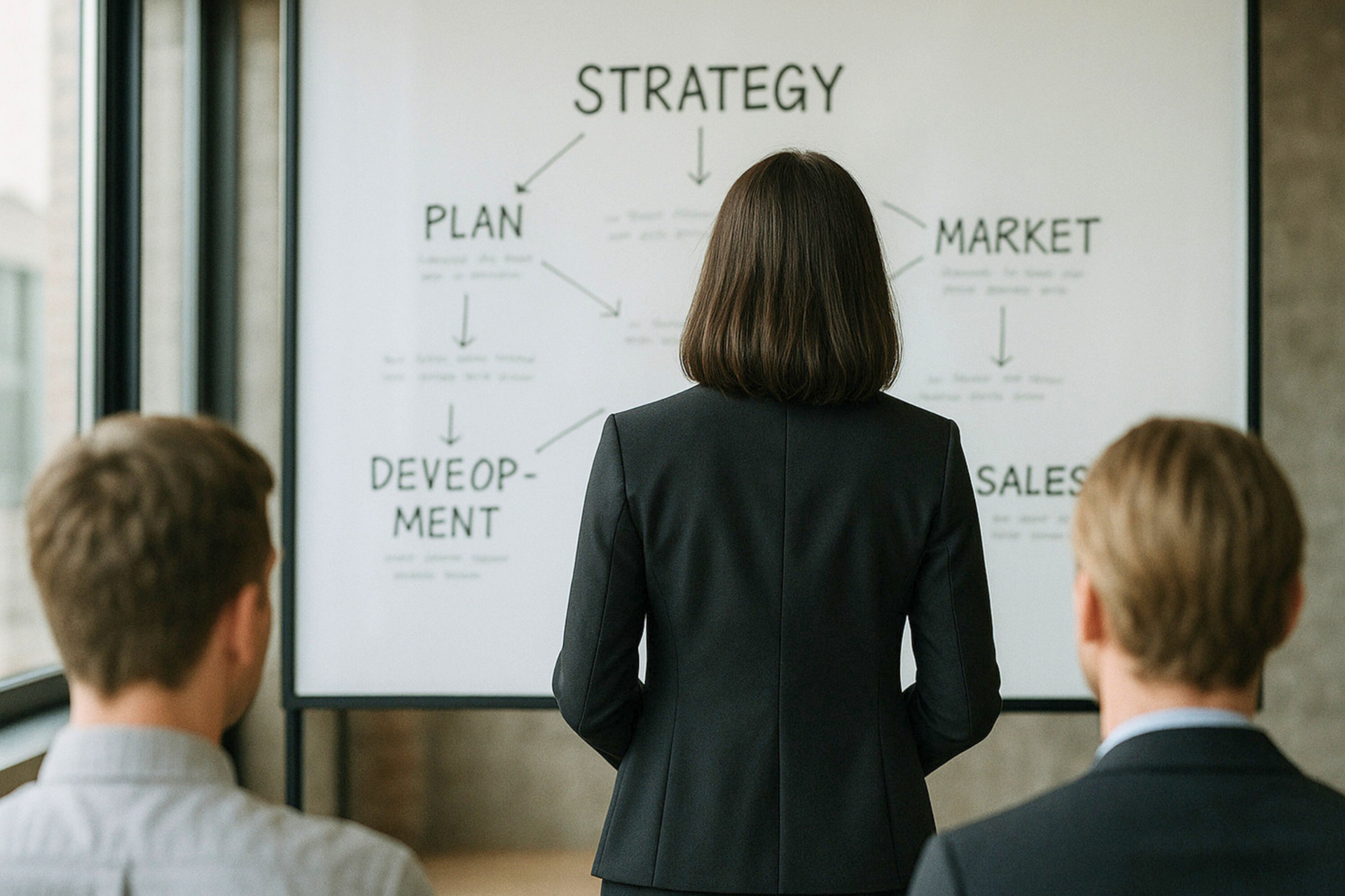 Woman presenting business strategy on whiteboard to two colleagues.