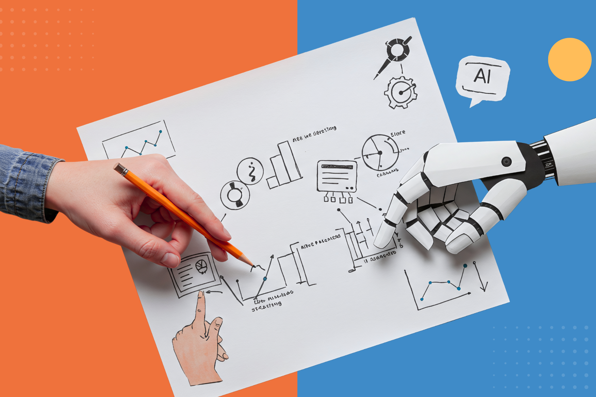 Human hand with pencil and robot hand collaborating on a diagram on paper.